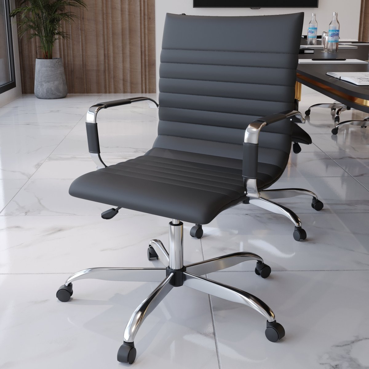 Harris Mid-Back Leather Adjustable Office Conference Chair with Armrests Chrome Black Office Chair Leisuremod