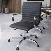 Harris Mid-Back Leather Adjustable Office Conference Chair with Armrests Chrome Black Office Chair Leisuremod