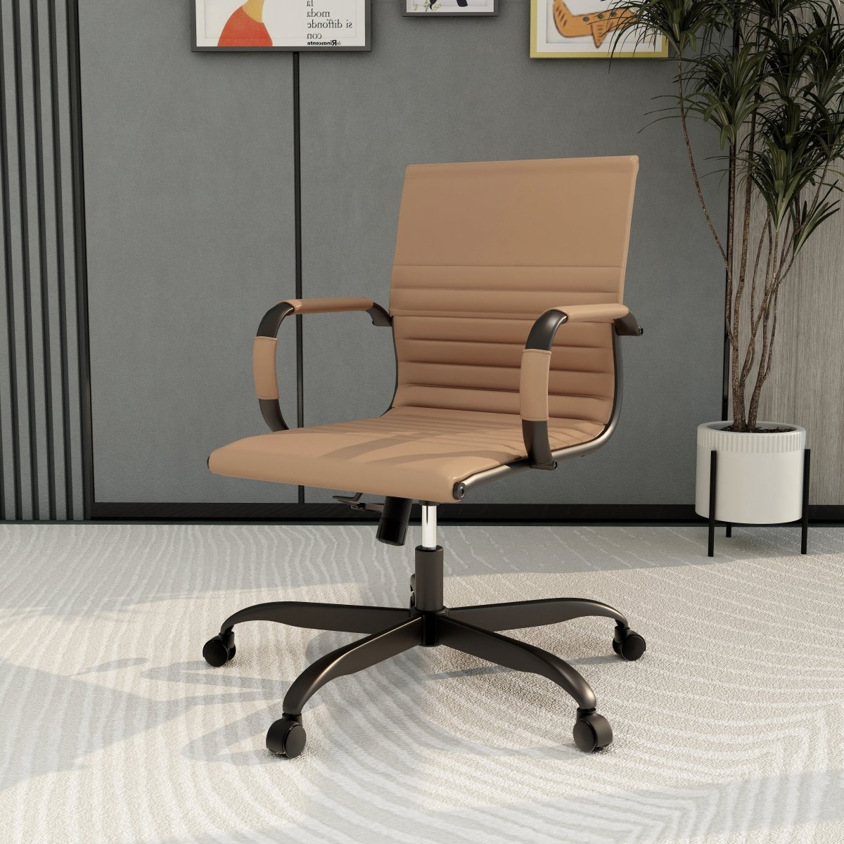 Harris Mid-Back Leather Adjustable Office Conference Chair with Armrests Black Light Brown Office Chair Leisuremod