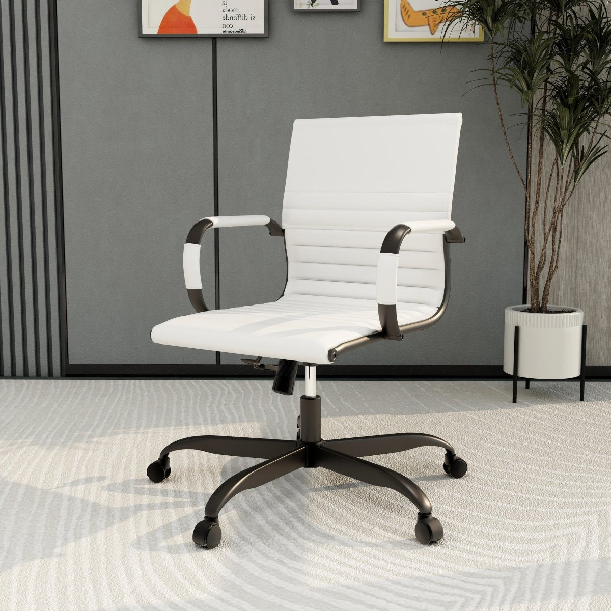 Harris Mid-Back Leather Adjustable Office Conference Chair with Armrests Black White Office Chair Leisuremod