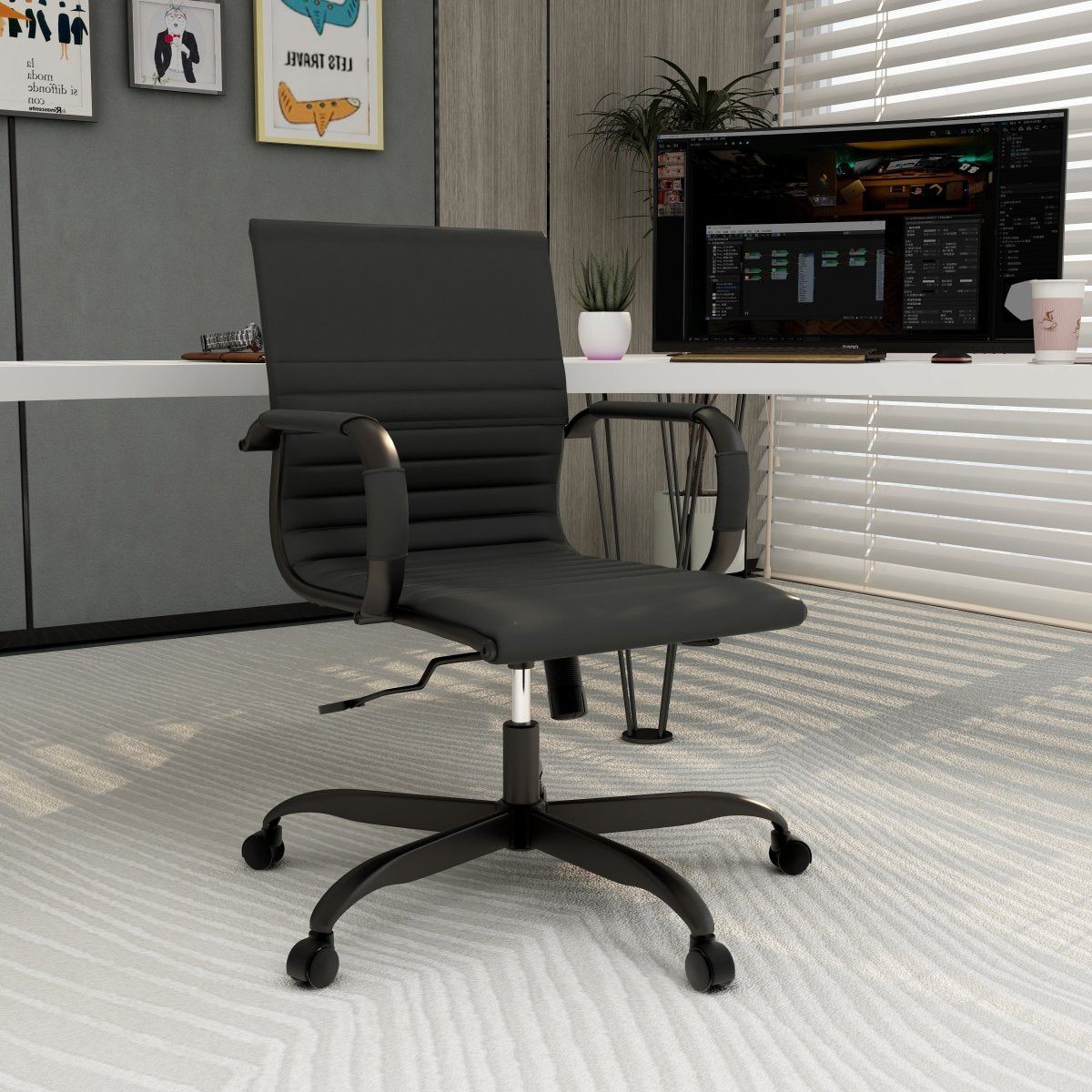 Harris Mid-Back Leather Adjustable Office Conference Chair with Armrests Black Black Office Chair Leisuremod