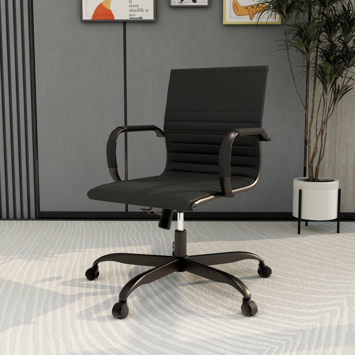 Harris Mid-Back Leather Adjustable Office Conference Chair with Armrests Black Black Office Chair Leisuremod