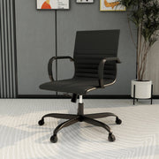 Harris Mid-Back Leather Adjustable Office Conference Chair with Armrests Black Black Office Chair Leisuremod