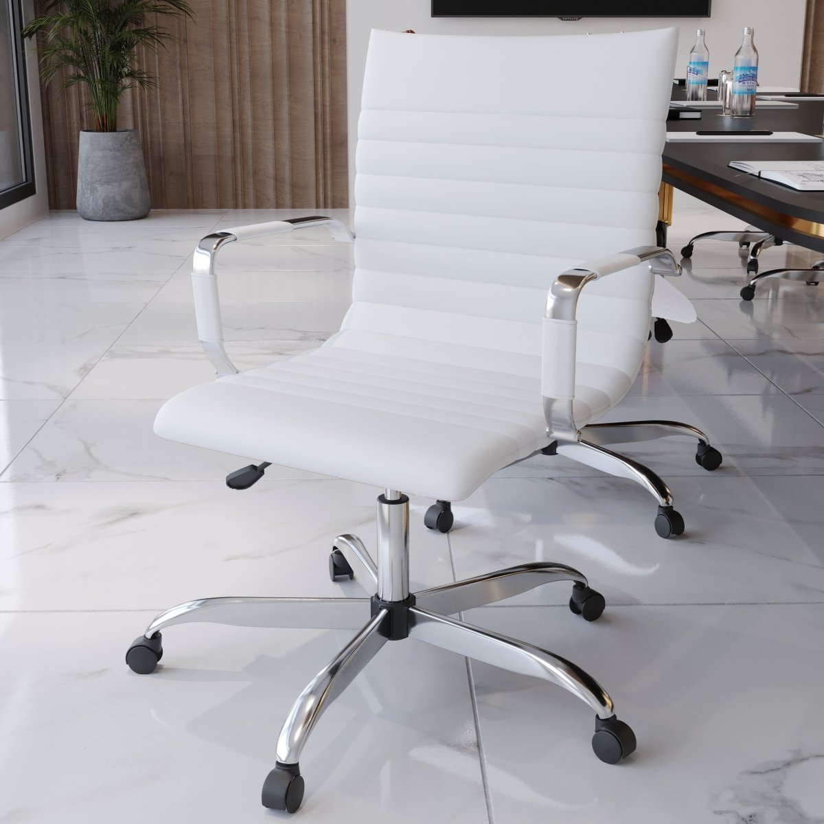 Harris Mid-Back Leather Adjustable Office Conference Chair with Armrests Chrome White Office Chair Leisuremod