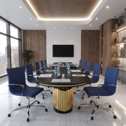 Harris Mid-Back Leather Adjustable Office Conference Chair with Armrests Chrome Navy Blue Office Chair Leisuremod