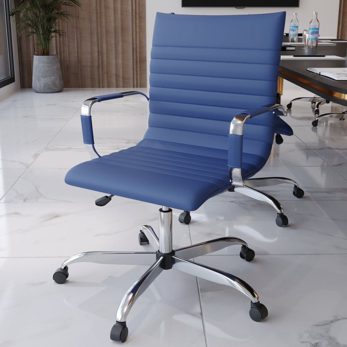 Harris Mid-Back Leather Adjustable Office Conference Chair with Armrests Chrome Navy Blue Office Chair Leisuremod