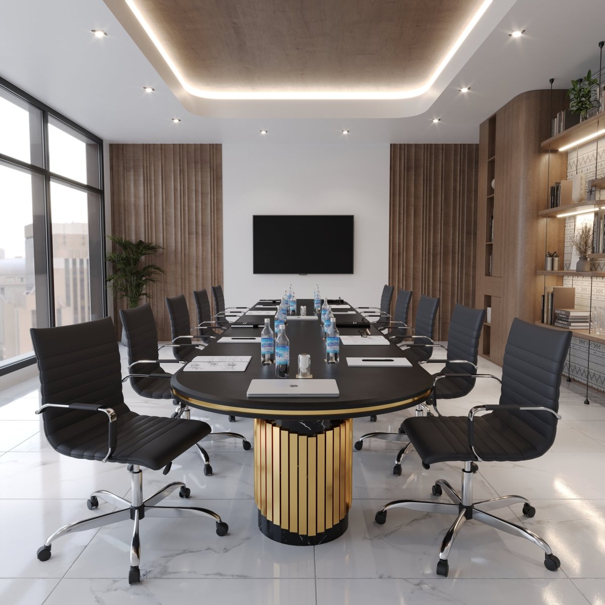 Harris Mid-Back Leather Adjustable Office Conference Chair with Armrests Chrome Black Office Chair Leisuremod