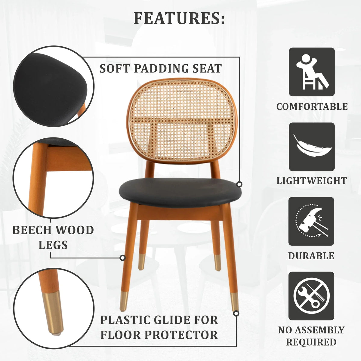 Holbeck Wicker Dining Chair with Upholstered Leather Seat and Beech Wood Legs - Elax Furniture
