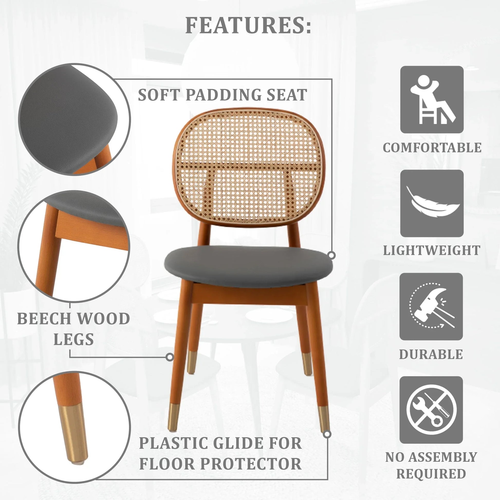 Holbeck Wicker Dining Chair with Upholstered Leather Seat and Beech Wood Legs - Elax Furniture