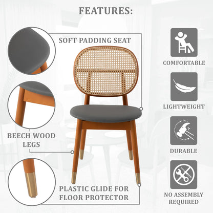 Holbeck Wicker Dining Chair with Upholstered Leather Seat and Beech Wood Legs - Elax Furniture