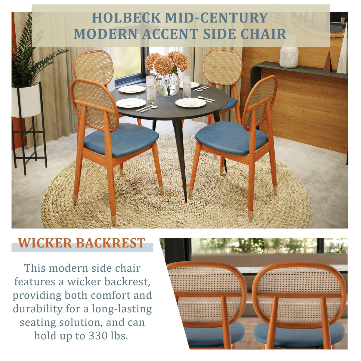 Holbeck Wicker Dining Chair with Upholstered Leather Seat and Beech Wood Legs - Elax Furniture