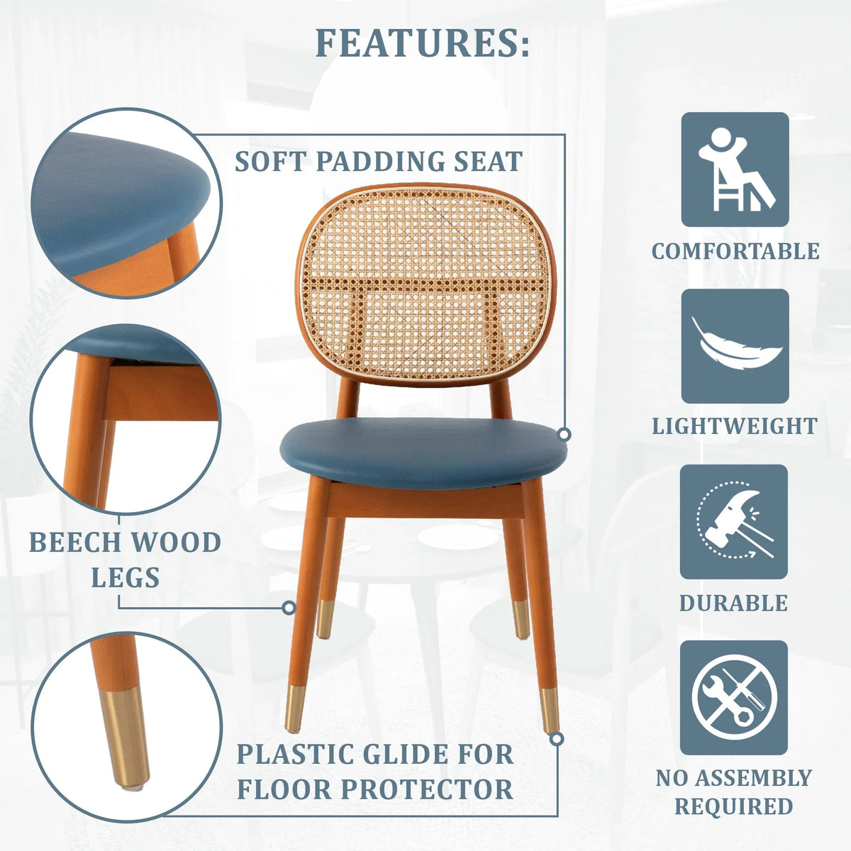 Holbeck Wicker Dining Chair with Upholstered Leather Seat and Beech Wood Legs - Elax Furniture
