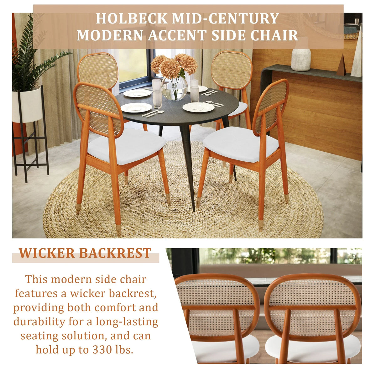 Holbeck Wicker Dining Chair with Upholstered Leather Seat and Beech Wood Legs - Elax Furniture