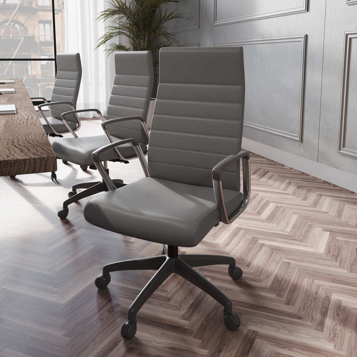 Hilton High-Back Leather Office Chair Adjustable Seat Height in Nylon Grey Office Chair Leisuremod