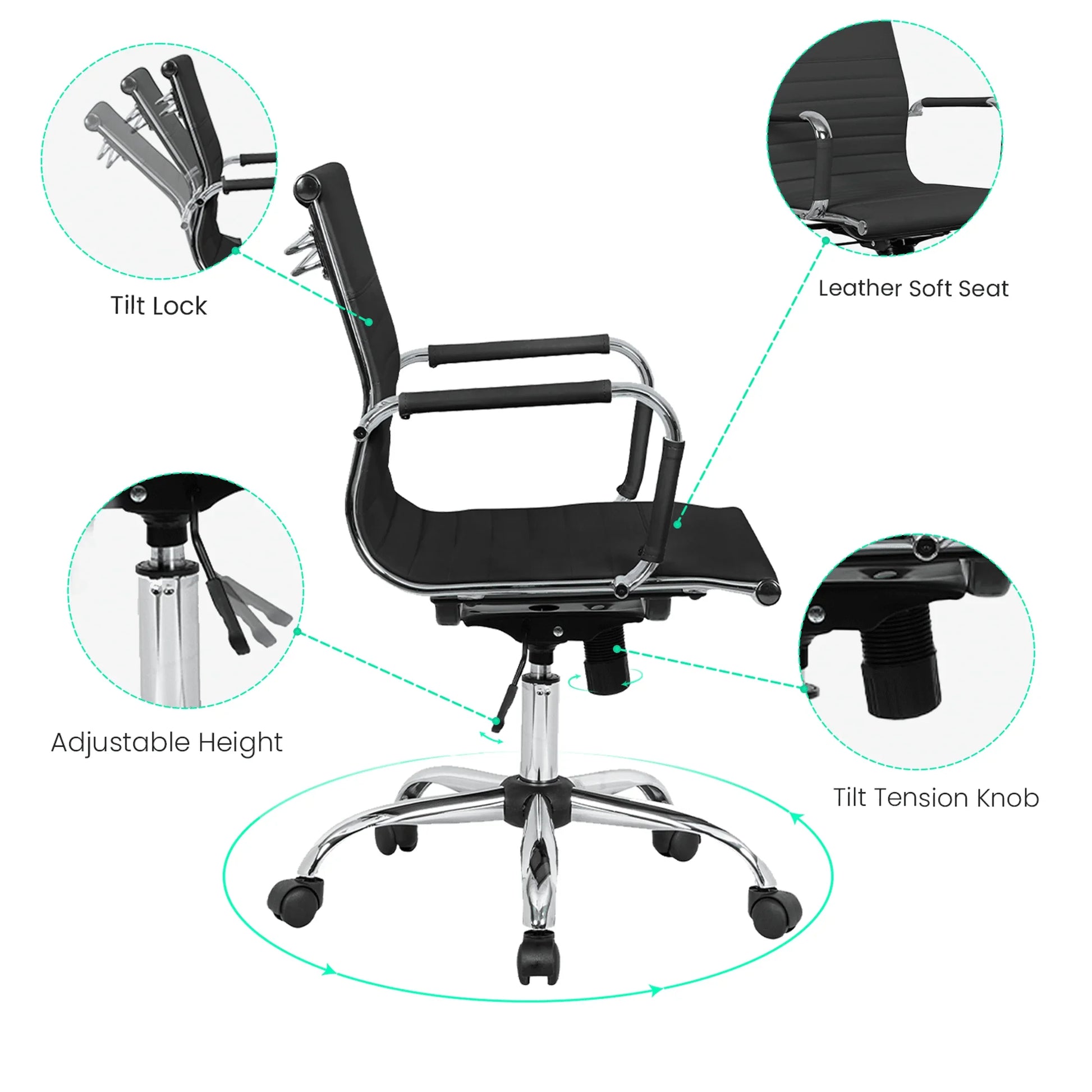 Harris Mid-Back Leather Adjustable Office Conference Chair with Armrests - Elax Furniture