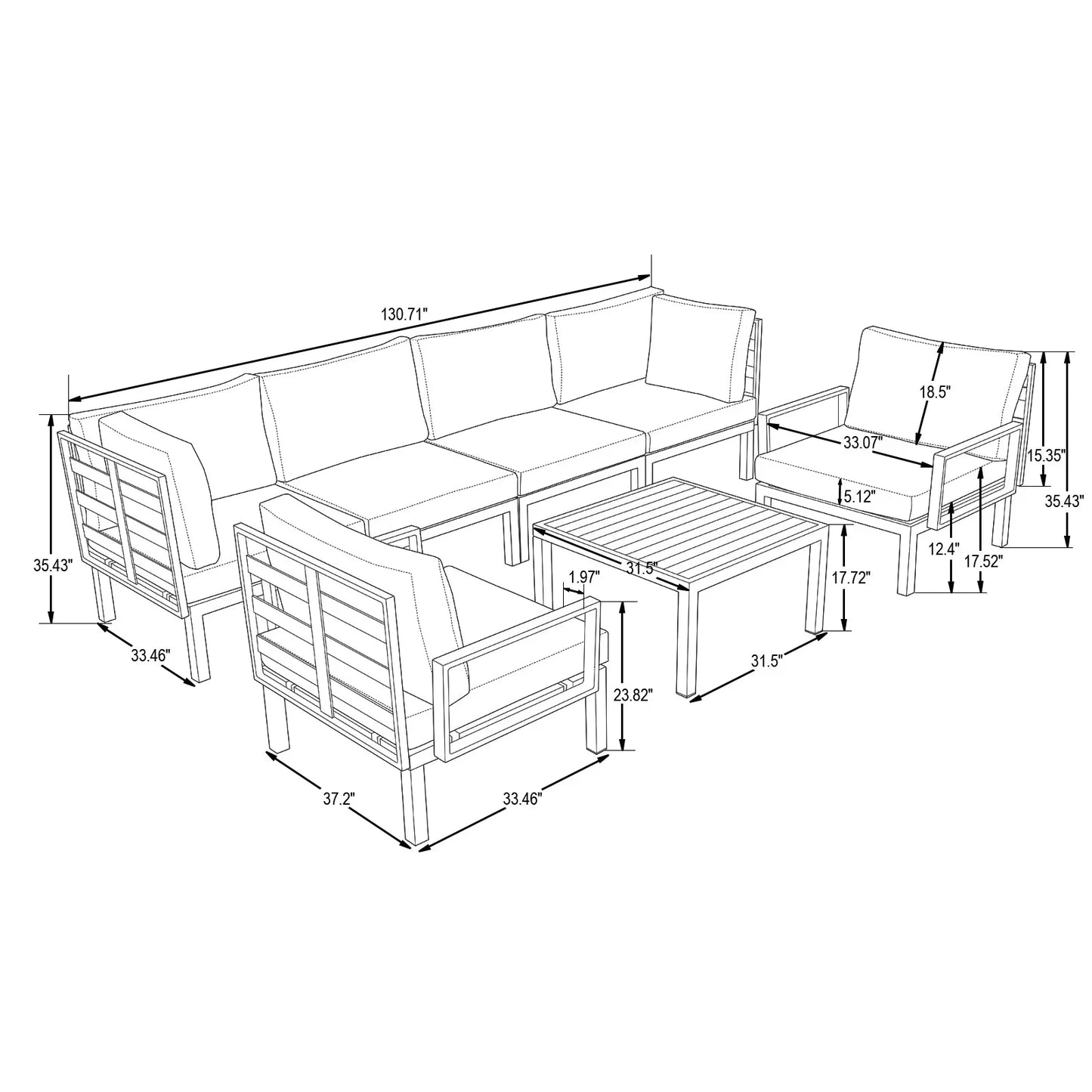 Hamilton 7-Piece Aluminum Patio Conversation Set With Coffee Table And Cushions - Elax Furniture
