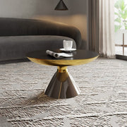Hyalus 30-Inch Round Glass Coffee Table with Golden Iron Rim Frame and Glass Base Dark Walnut Light Taupe Coffee Table Leisuremod