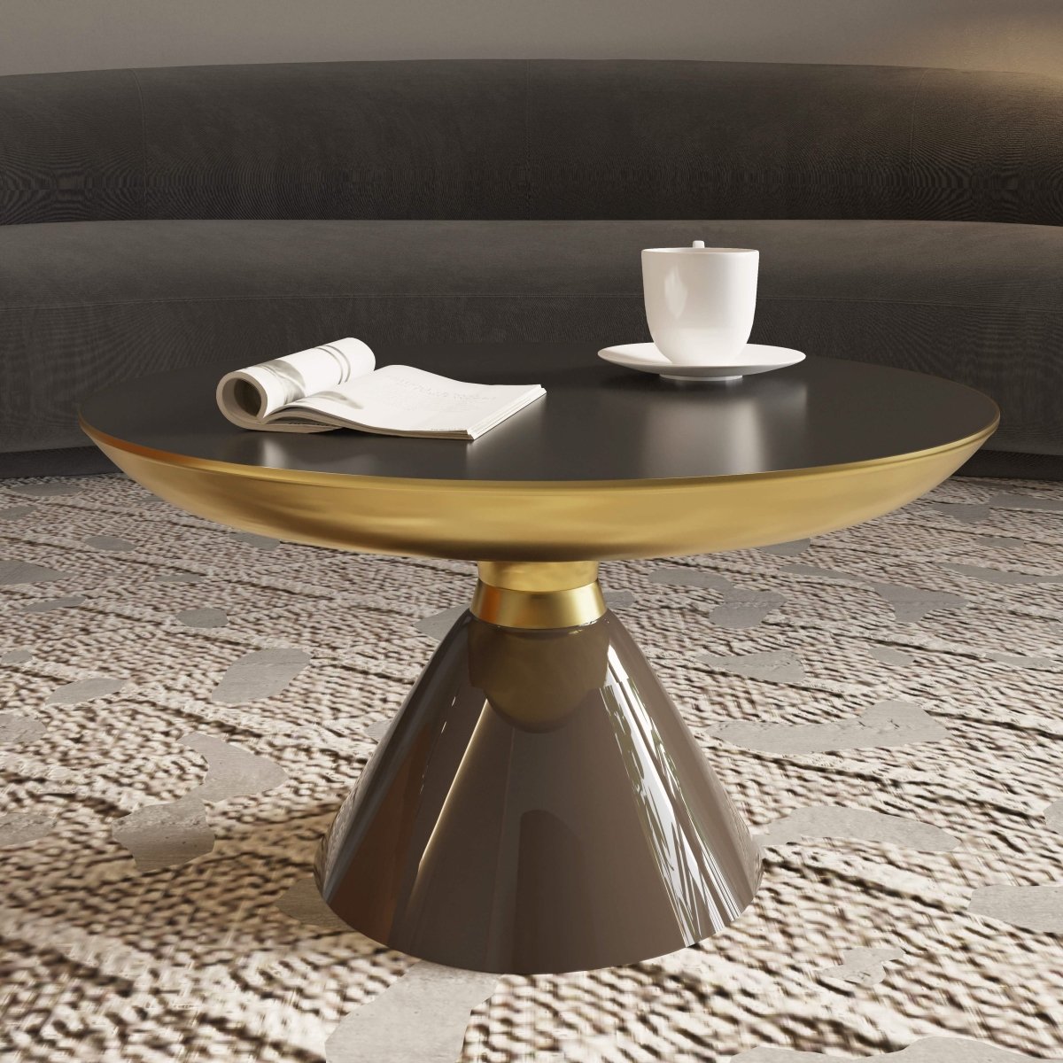 Hyalus 30-Inch Round Glass Coffee Table with Golden Iron Rim Frame and Glass Base Dark Walnut Light Taupe Coffee Table Leisuremod