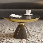 Hyalus 30-Inch Round Glass Coffee Table with Golden Iron Rim Frame and Glass Base Dark Walnut Light Taupe Coffee Table Leisuremod