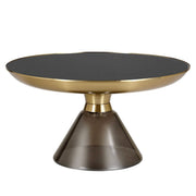 Hyalus 30-Inch Round Glass Coffee Table with Golden Iron Rim Frame and Glass Base Dark Walnut Light Taupe Coffee Table Leisuremod