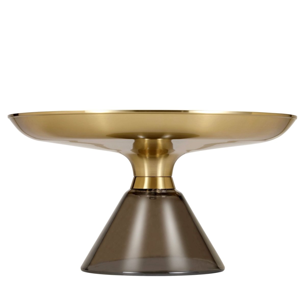 Hyalus 30-Inch Round Glass Coffee Table with Golden Iron Rim Frame and Glass Base Dark Walnut Light Taupe Coffee Table Leisuremod