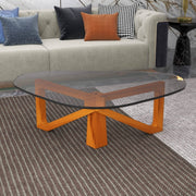 Imperial Triangular Coffee Table with a Glass Tabletop and Wood Base Light Walnut Coffee Table Leisuremod
