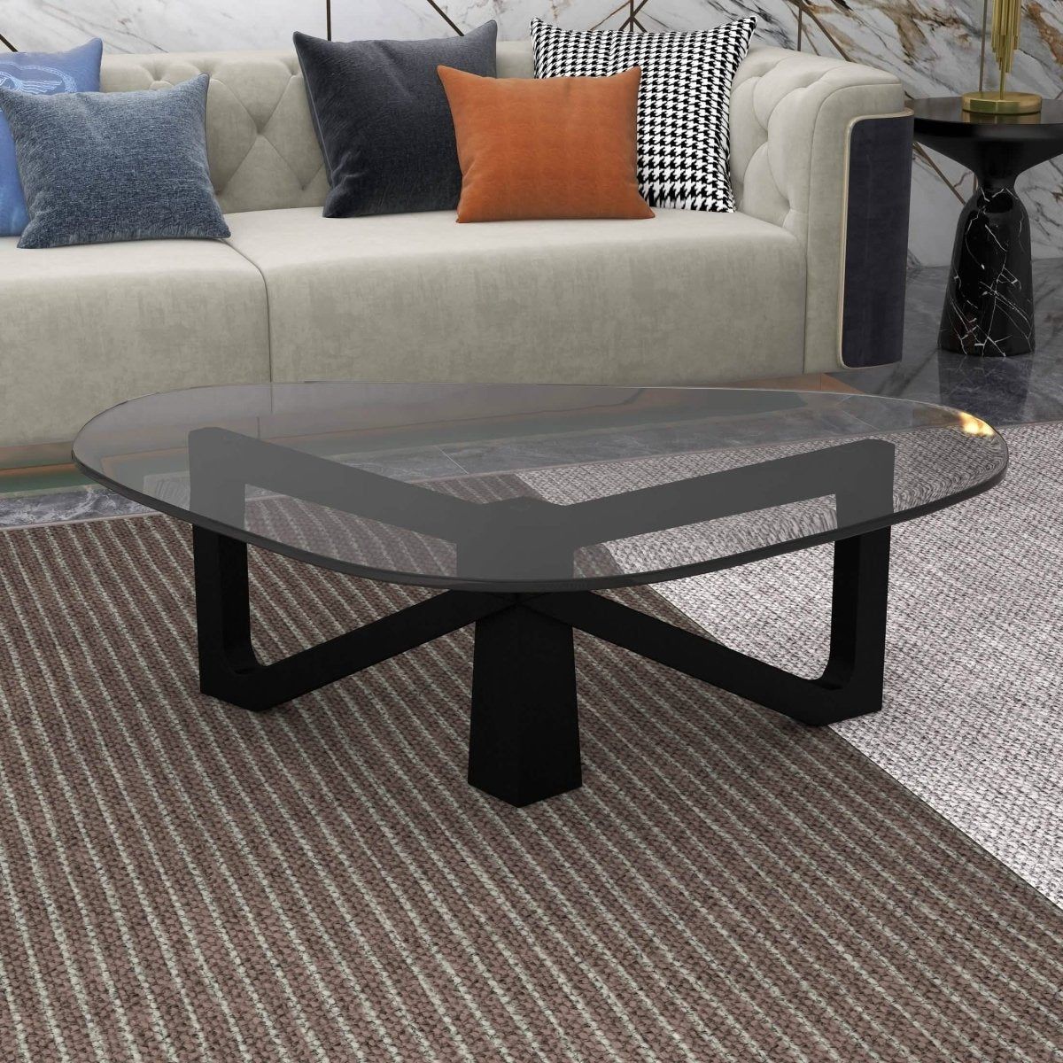 Imperial Triangular Coffee Table with a Glass Tabletop and Wood Base Black Coffee Table Leisuremod