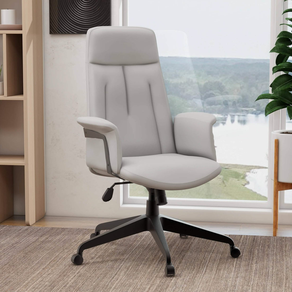 Inifini High-Back Leather Ergonomic Office Chair With Lumbar Support, Adjustable Hight and Swivel White Office Chair Leisuremod