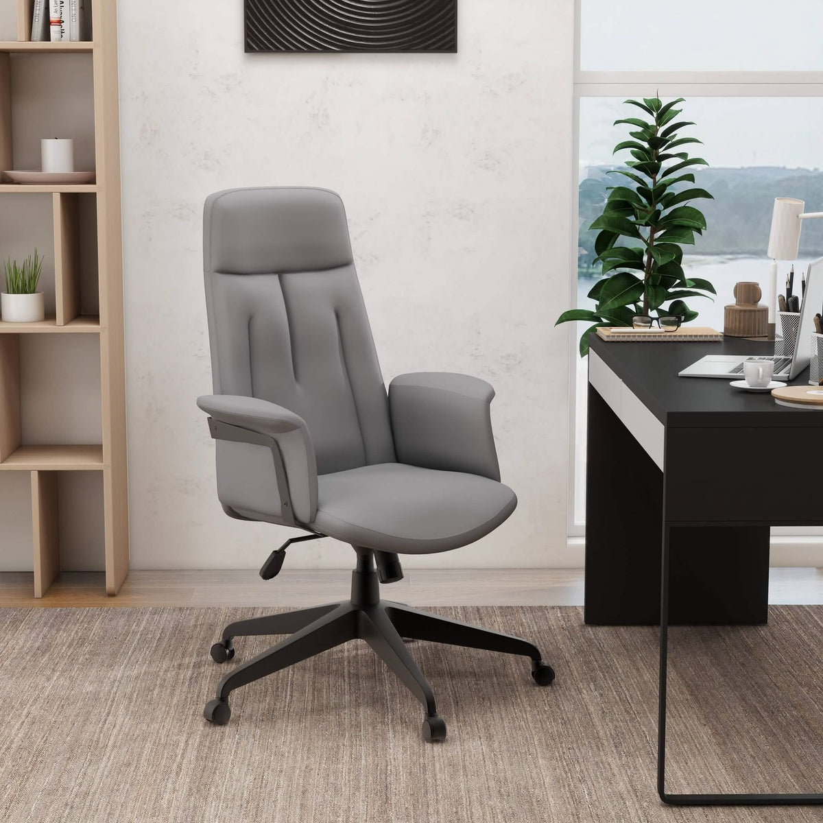 Inifini High-Back Leather Ergonomic Office Chair With Lumbar Support, Adjustable Hight and Swivel Grey Office Chair Leisuremod