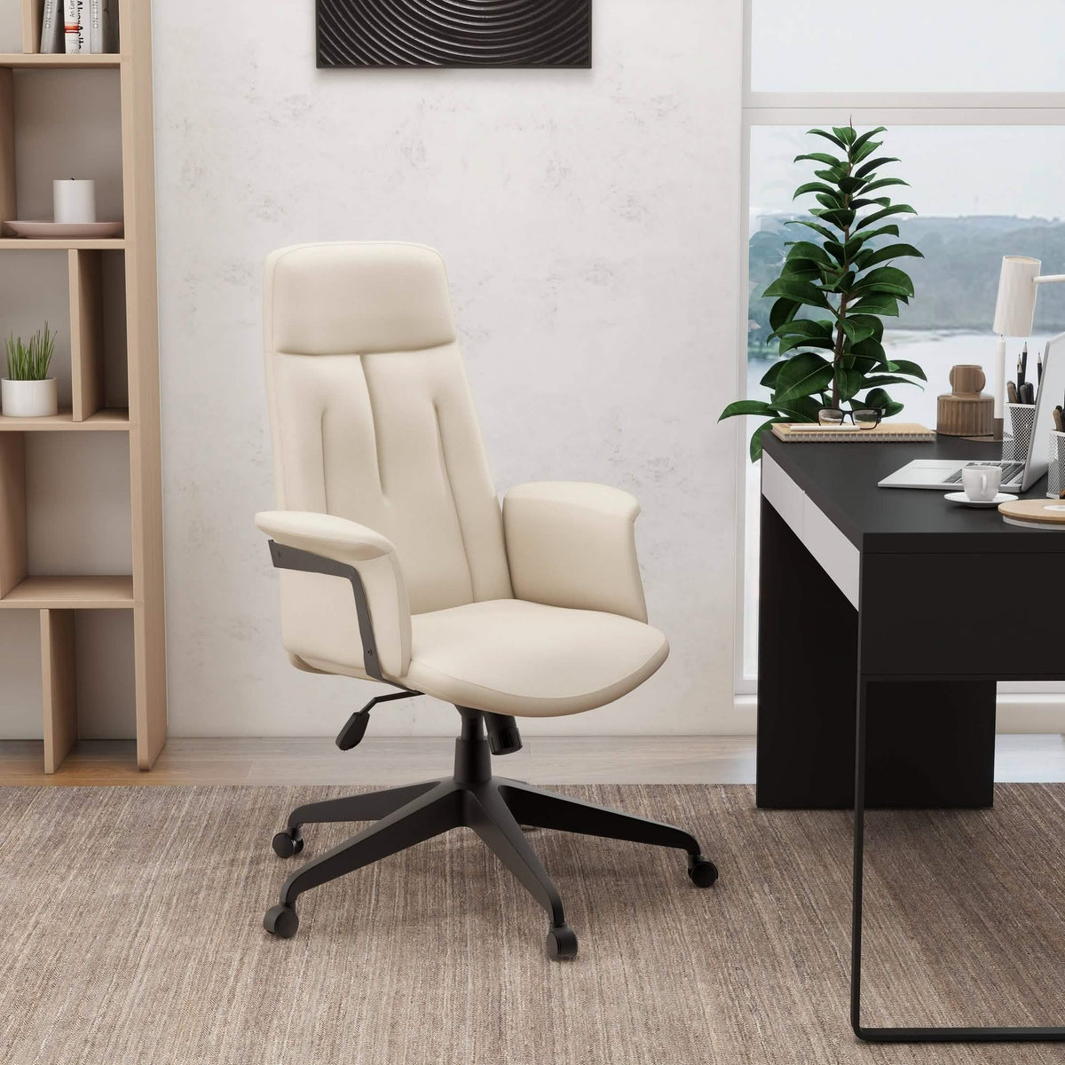 Inifini High-Back Leather Ergonomic Office Chair With Lumbar Support, Adjustable Hight and Swivel Tan Office Chair Leisuremod