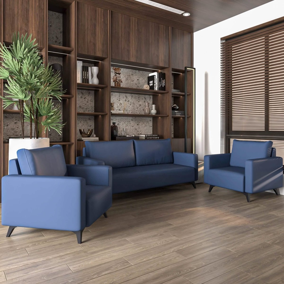 Inno 3-Piece Leather Sofa Set with 2 Single-Seater and a Three-Seater Sofa with Stainless Steel Legs Dark Blue Sofa Leisuremod