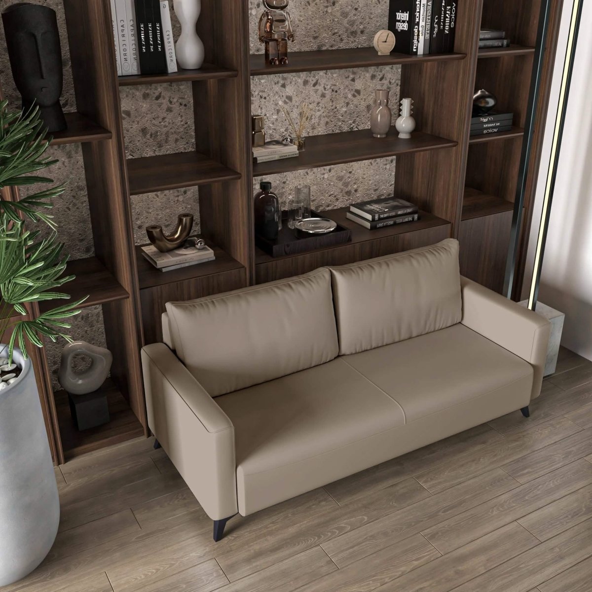 Inno 3-Seater Leather Wide Sofa with Stainless Steel Legs and Removable Cushions Taupe Sofa Leisuremod