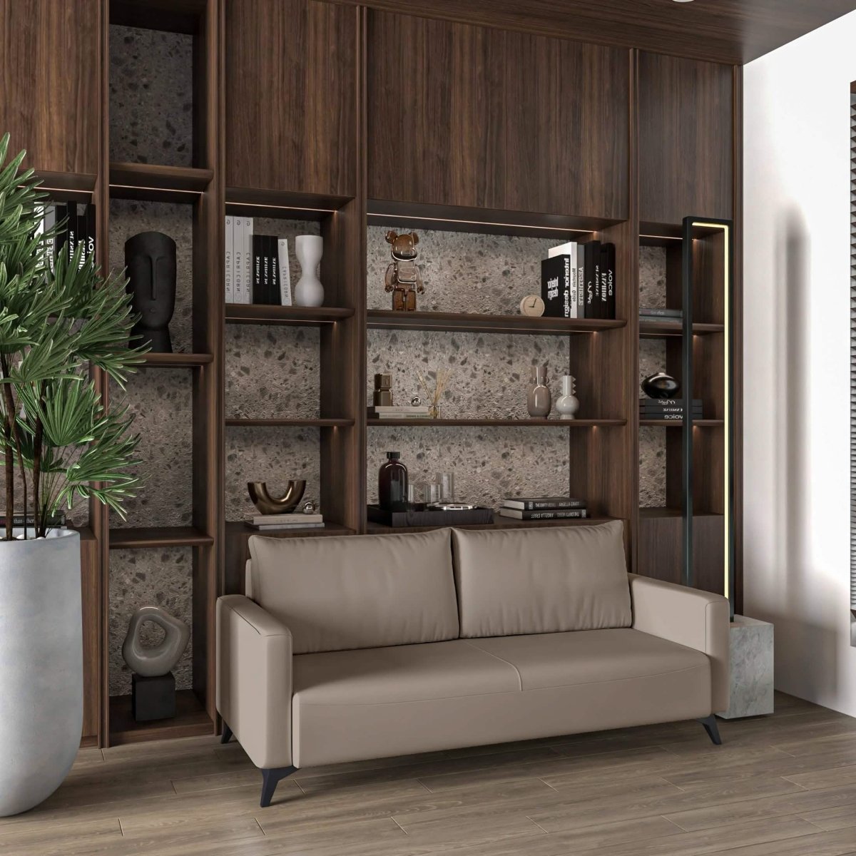 Inno 3-Seater Leather Wide Sofa with Stainless Steel Legs and Removable Cushions Taupe Sofa Leisuremod