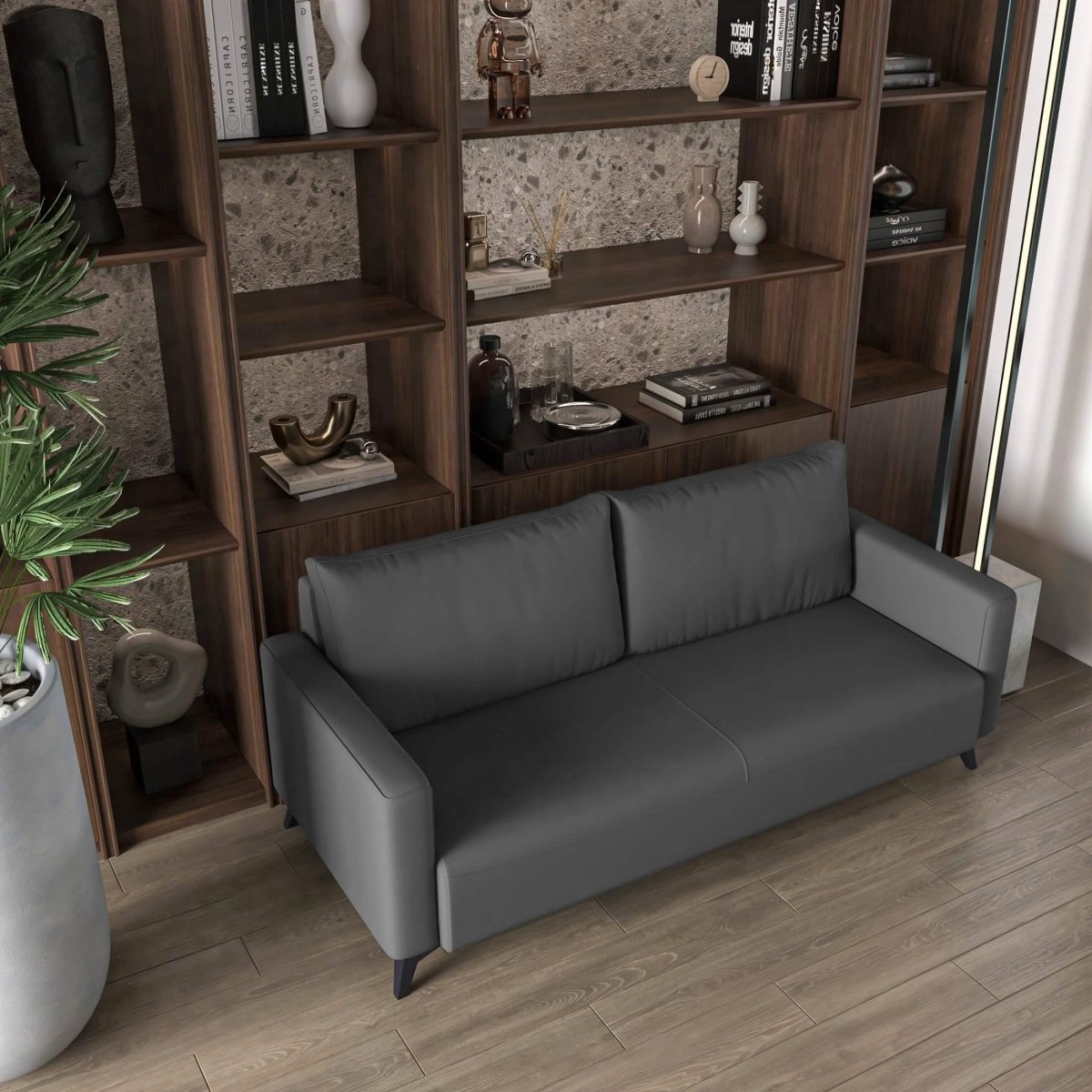 Inno 3-Seater Leather Wide Sofa with Stainless Steel Legs and Removable Cushions Grey Sofa Leisuremod