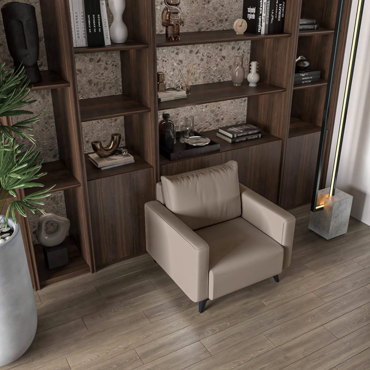Inno Single-Seater Leather Sofa with Stainless Steel Legs and Removable Cushions Taupe Sofa Leisuremod