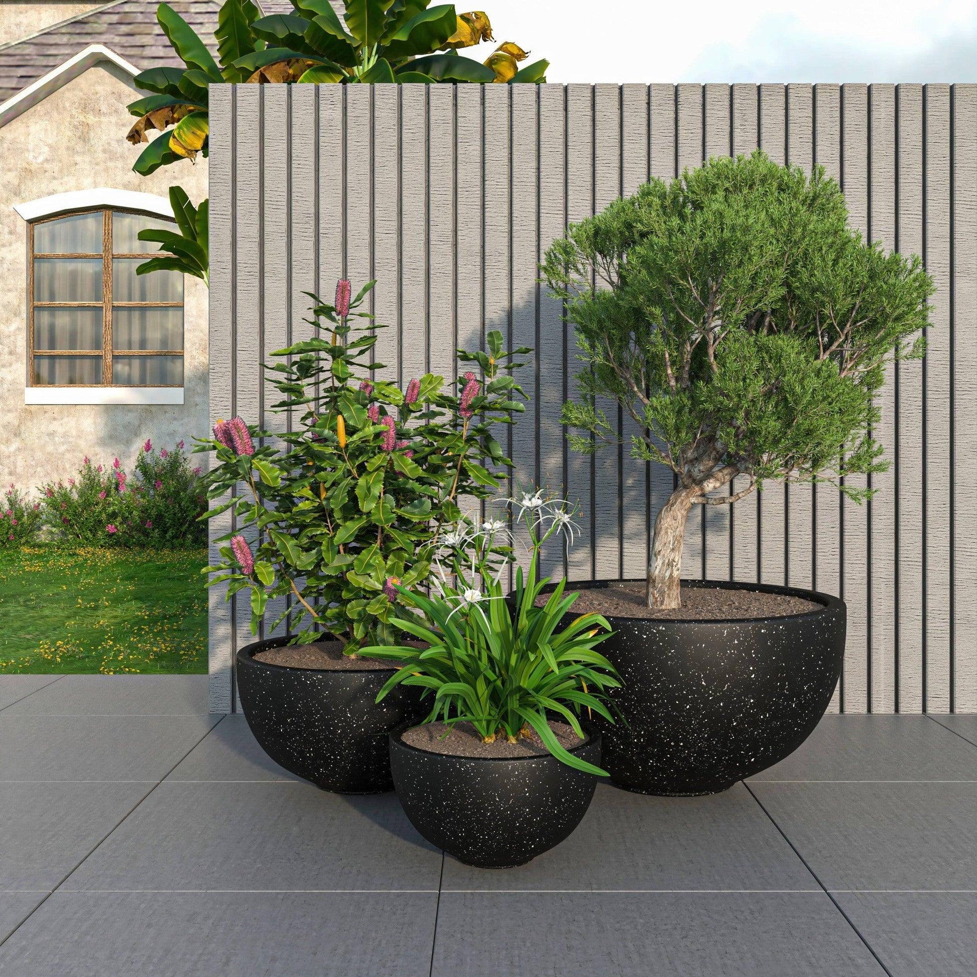 Iris Modern 3-Piece Round Planter Pot Set in Fiberstone and Clay Weather Resistant Design - Elax Furniture