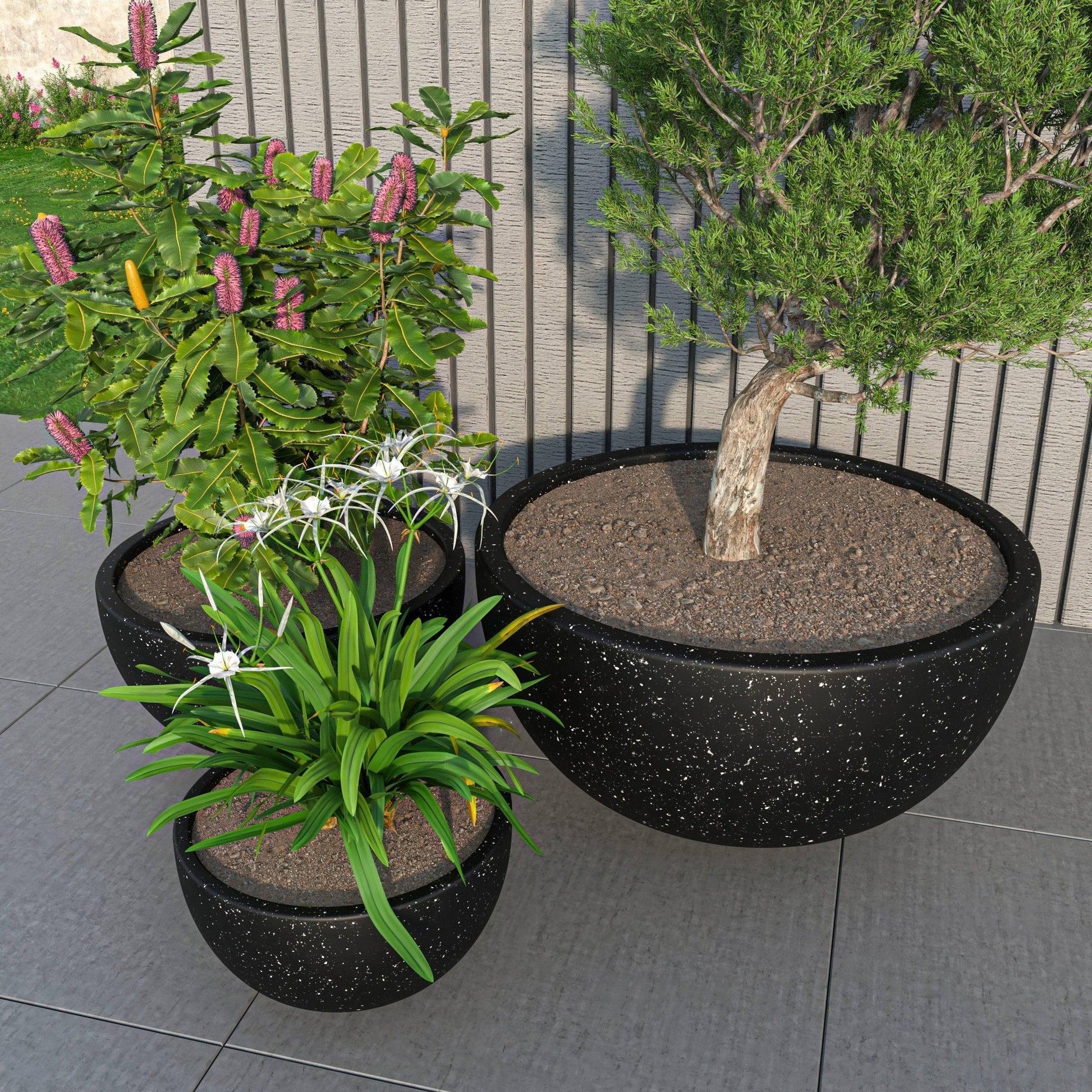 Iris Modern 3-Piece Round Planter Pot Set in Fiberstone and Clay Weather Resistant Design - Elax Furniture