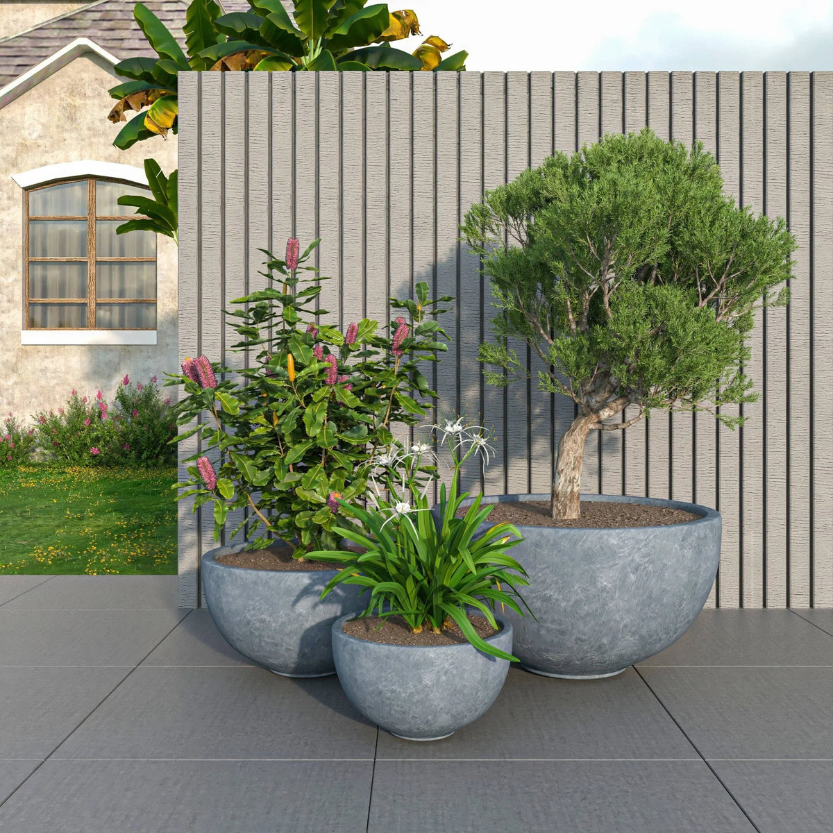 Iris Modern 3-Piece Round Planter Pot Set in Fiberstone and Clay Weather Resistant Design - Elax Furniture
