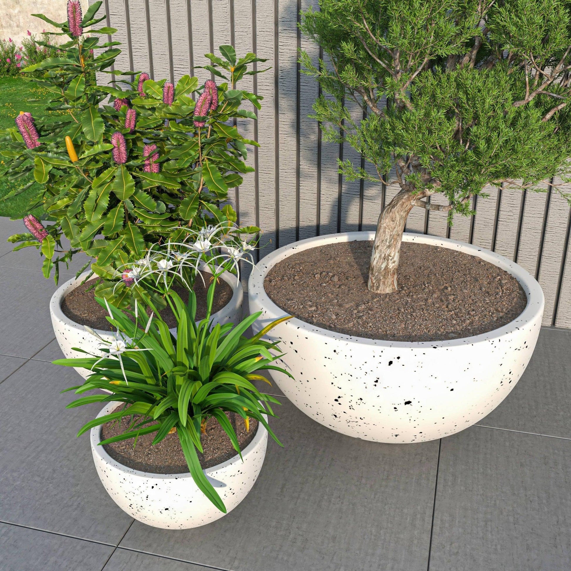 Iris Modern 3-Piece Round Planter Pot Set in Fiberstone and Clay Weather Resistant Design - Elax Furniture