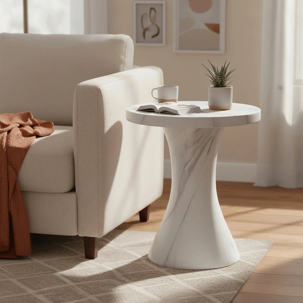 Isidra 19" Round Fiberstone Side Table with Marble-Inspired Finish and Flared Pedestal Base Marbled White Side Table LeisureMod