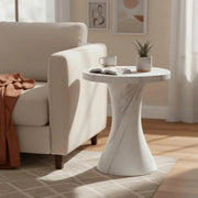 Isidra 19" Round Fiberstone Side Table with Marble-Inspired Finish and Flared Pedestal Base Marbled White Side Table LeisureMod