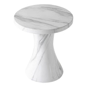 Isidra 19" Round Fiberstone Side Table with Marble-Inspired Finish and Flared Pedestal Base Marbled White Side Table LeisureMod