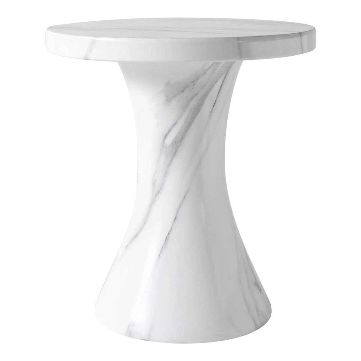 Isidra 19" Round Fiberstone Side Table with Marble-Inspired Finish and Flared Pedestal Base Marbled White Side Table LeisureMod