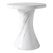 Isidra 19" Round Fiberstone Side Table with Marble-Inspired Finish and Flared Pedestal Base Marbled White Side Table LeisureMod