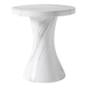 Isidra 19" Round Fiberstone Side Table with Marble-Inspired Finish and Flared Pedestal Base Marbled White Side Table LeisureMod