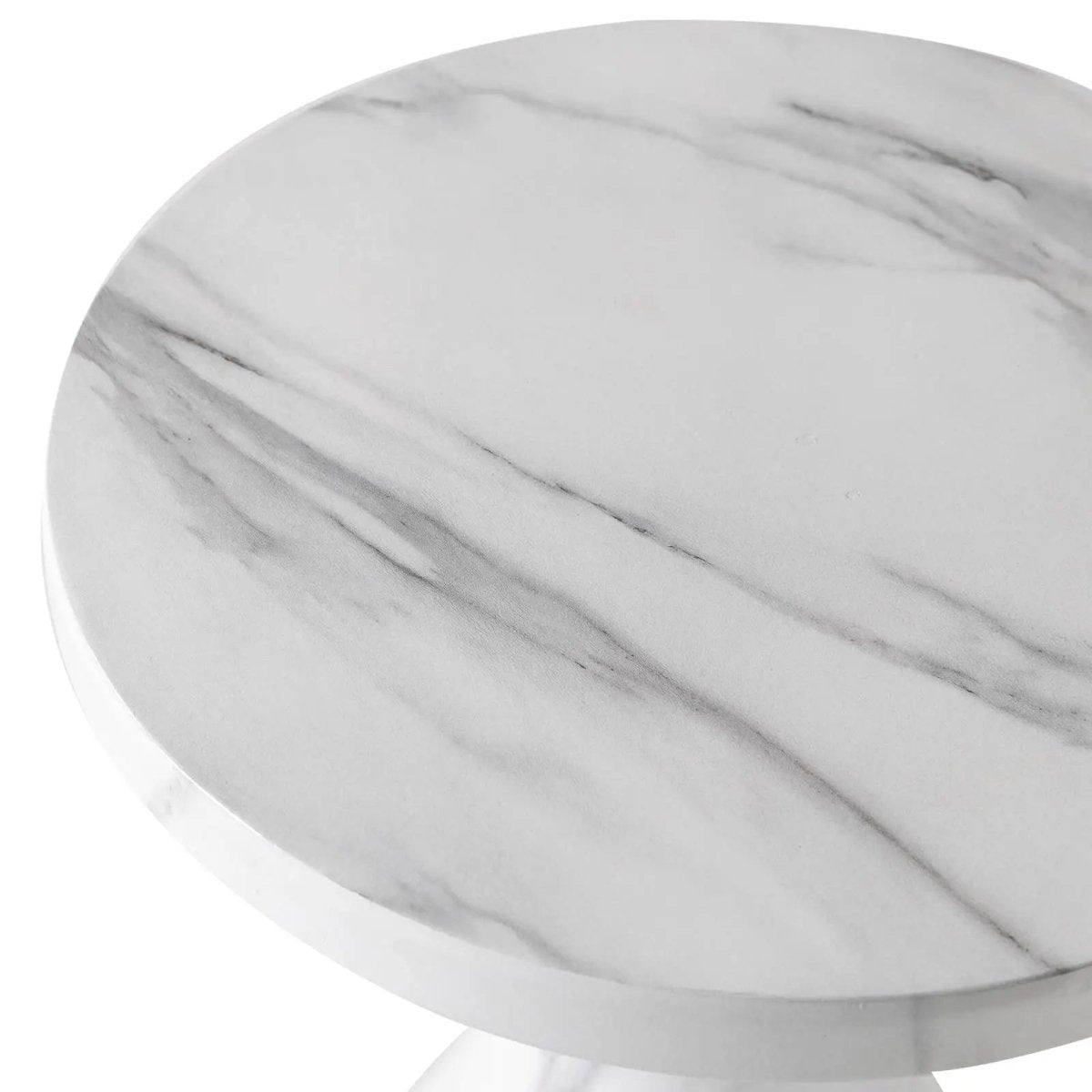 Isidra 19" Round Fiberstone Side Table with Marble-Inspired Finish and Flared Pedestal Base Marbled White Side Table LeisureMod