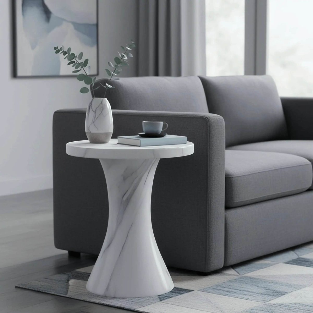 Isidra 19" Round Fiberstone Side Table with Marble-Inspired Finish and Flared Pedestal Base Marbled White Side Table LeisureMod