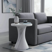 Isidra 19" Round Fiberstone Side Table with Marble-Inspired Finish and Flared Pedestal Base Marbled White Side Table LeisureMod