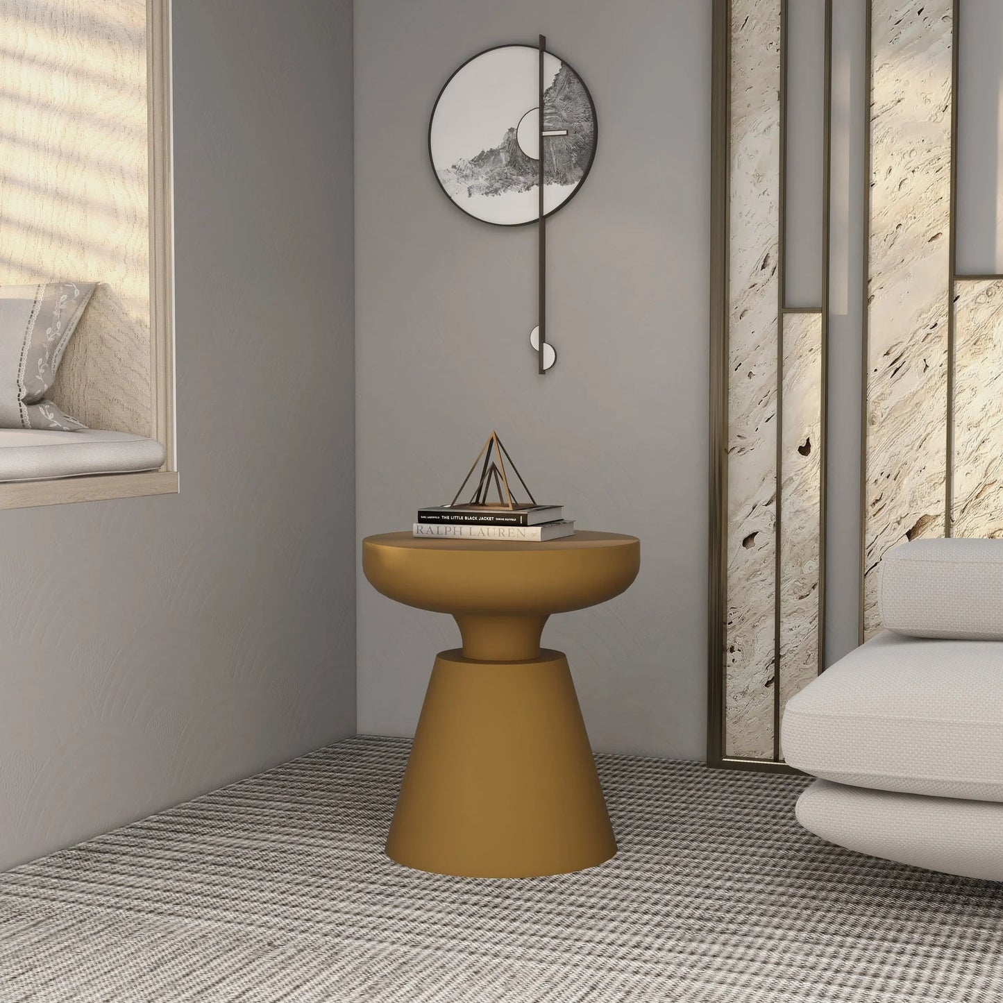 Isle Minimalist Side Table with Round Fiberstone Tabletop Accent Table and Pedestal Base - Elax Furniture