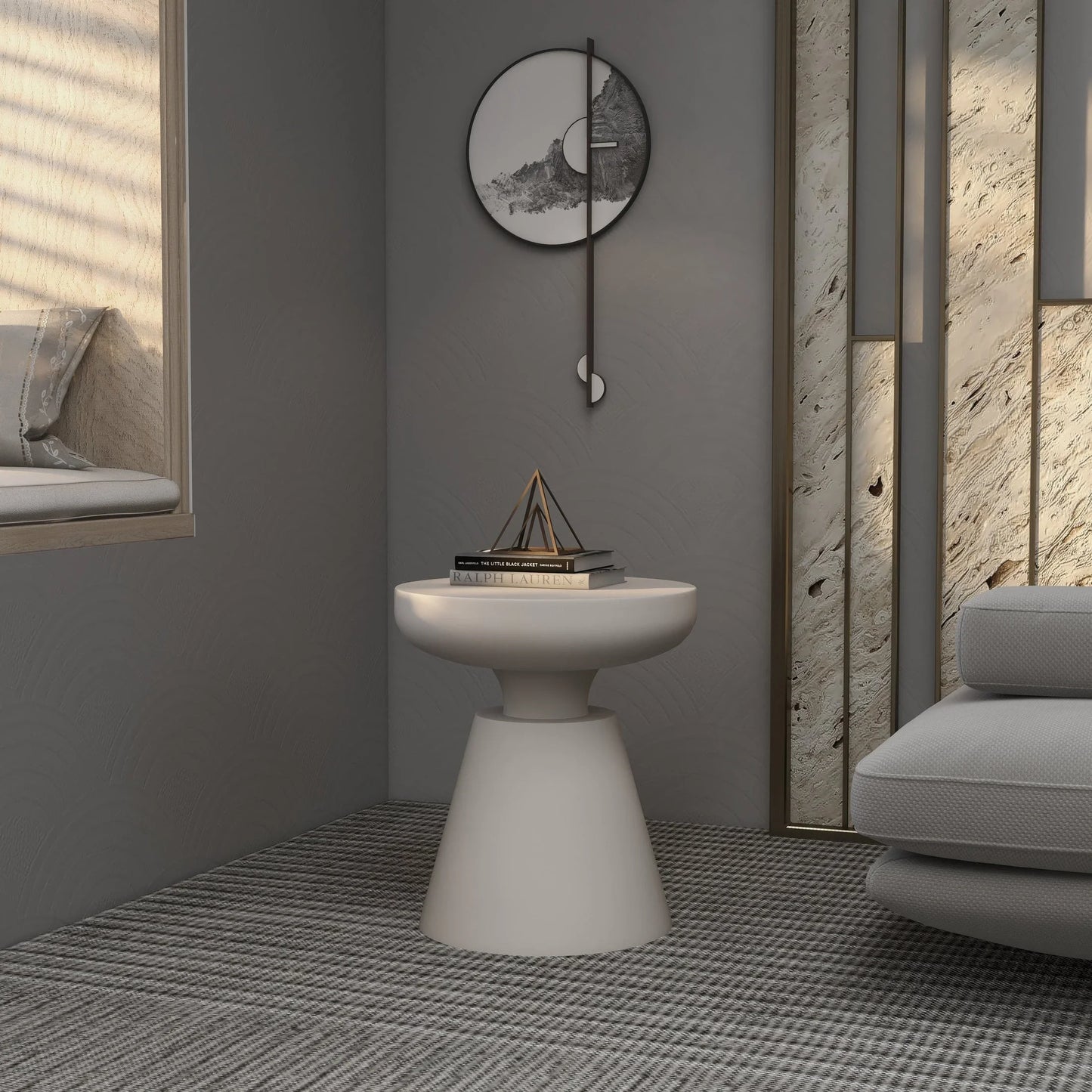 Isle Minimalist Side Table with Round Fiberstone Tabletop Accent Table and Pedestal Base - Elax Furniture